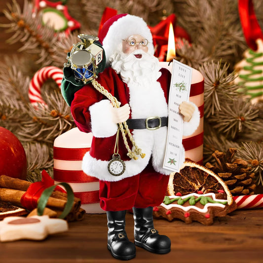 11" Santa Claus Decorations with Glasses Blessing Letter and Gifts Bag, Christmas Standing Figurine Ornaments for New Year Christmas Decoration Navidad Natal Gifts.