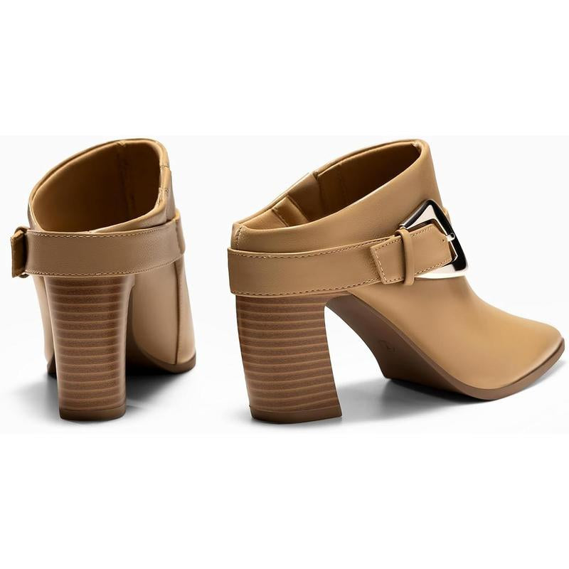 Fashare Womens Mules Boots Chunky Stacked Heel Pointed Toe Booties Slip on Dress Boot Shoes with Buckle Decoration