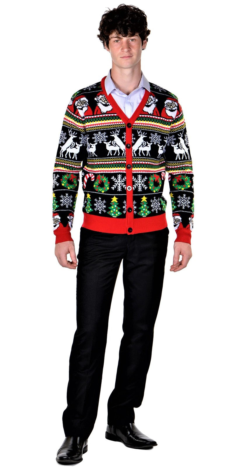 Socal Look Men'S Ugly Christmas Sweaters Cardigan Deer Santa Black