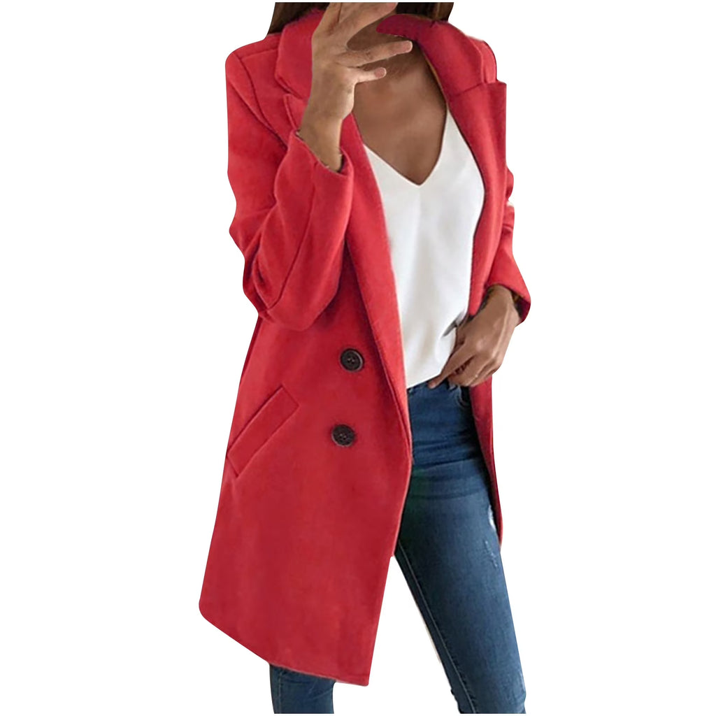 Clearance 2025 Women'S Fall Wool Peacoat plus Size Solid Notched Collar Double-Breasted Trench Coat Cardigan Jacket Overcoat Outerwear
