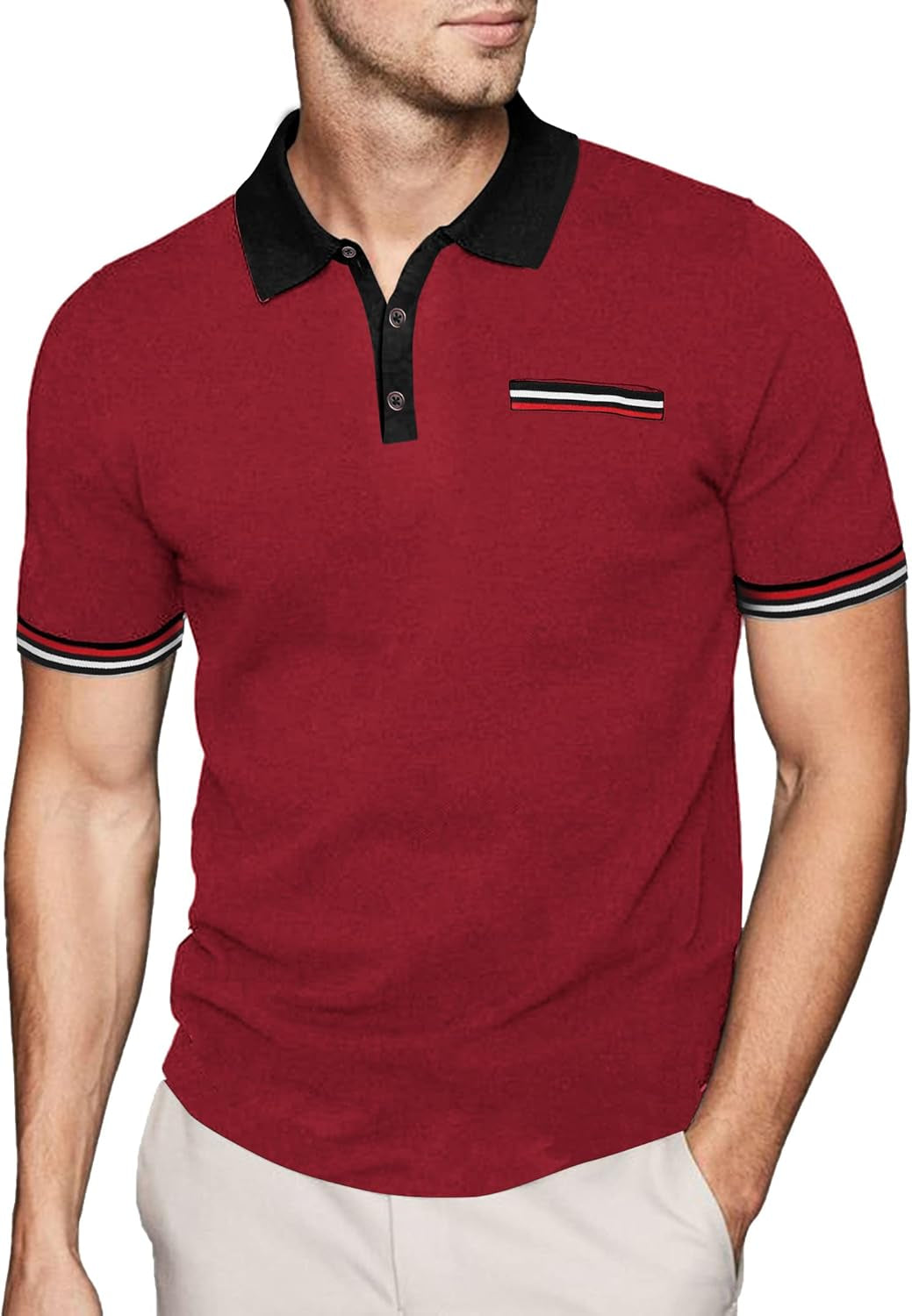 Mens Shirt Quick Dry Golf with Pocket Button up Polo, Wine Red, Xx-Large, Short Sleeve