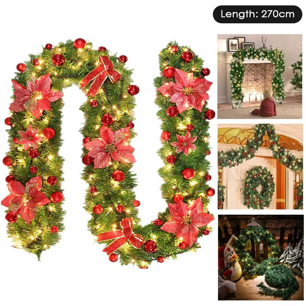 2.7M Christmas Garlands with Pinecones Red Berries Artificial Christmas Wreaths Door Hanging Ornaments Xmas New Year Decoration