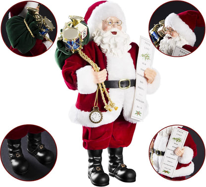 11" Santa Claus Decorations with Glasses Blessing Letter and Gifts Bag, Christmas Standing Figurine Ornaments for New Year Christmas Decoration Navidad Natal Gifts.