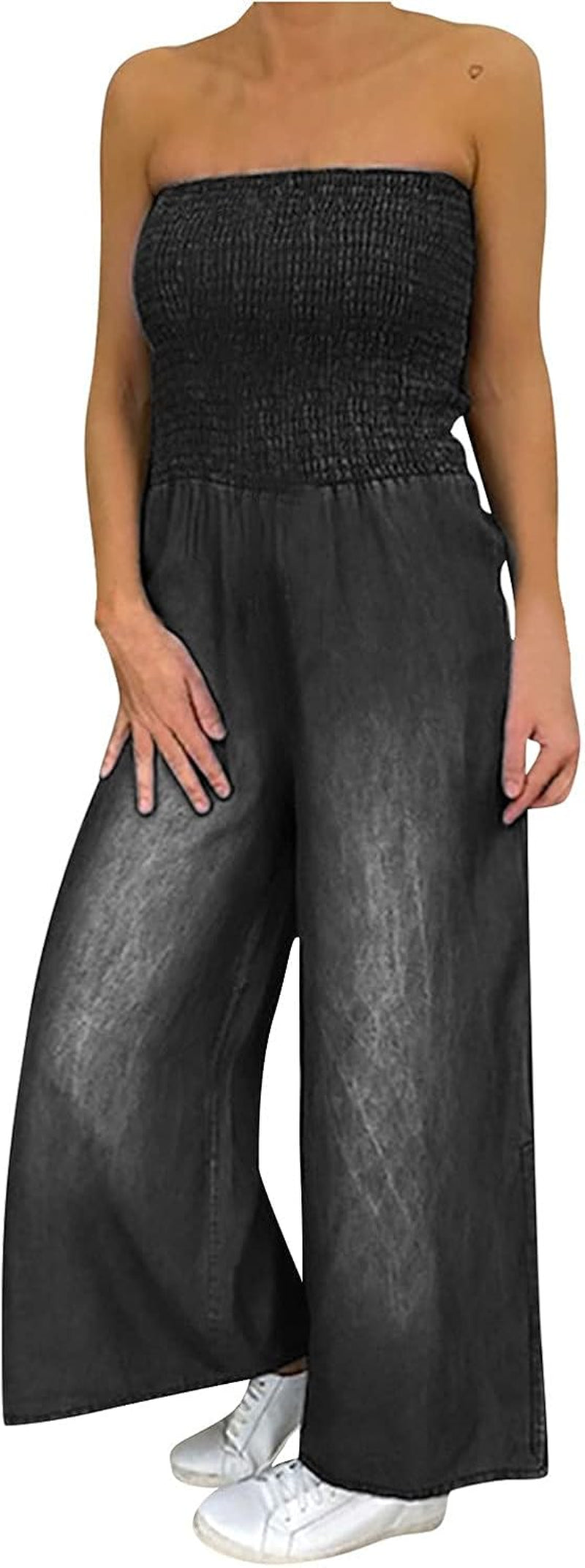 Linen Jumpsuits for Women Flowy Jumpsuits for Women Spaghetti Strap Jumpsuit Long Rompers Women plus Size Overalls off Shoulder Denim Faux Romper Baggy Playsuit Jumpsuit Black_A Large