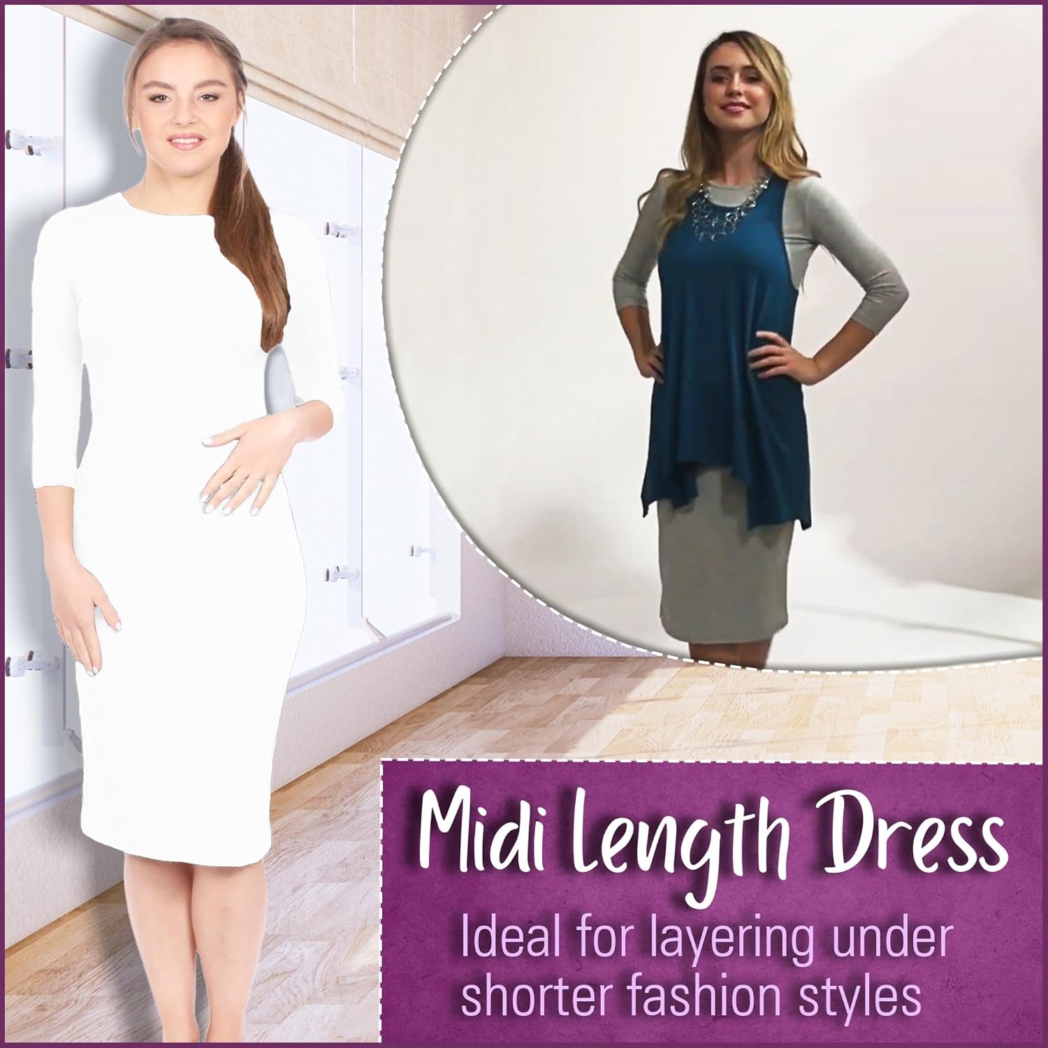 Women'S Modest Knee Length 3/4 Sleeve Layering Midi Dress