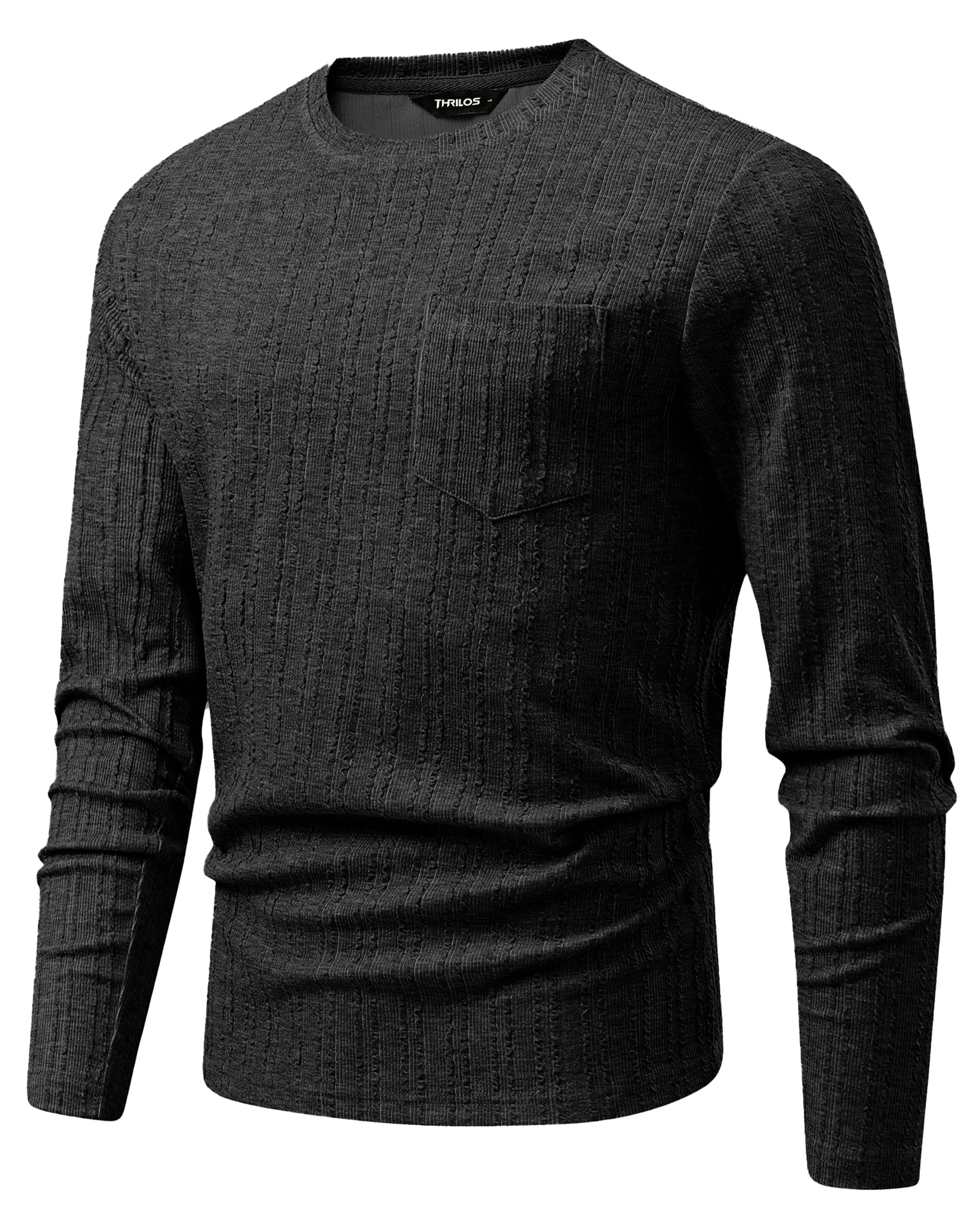 Mens Long Sleeve Shirts Crewneck Casual Tops Pullover Work Shirts Stretch Textured Knit T-Shirts with Pocket