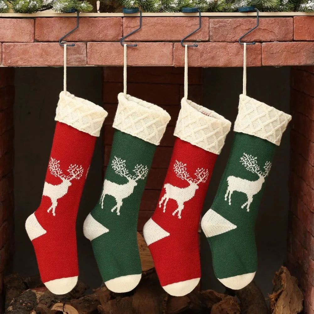 4 Pack Christmas Stockings,Big Size 18 Inch Extra Long Hand Knitted Reindeer Snowflakes Xmas Character for Family Holiday Season Decor Burgundy Red and Green