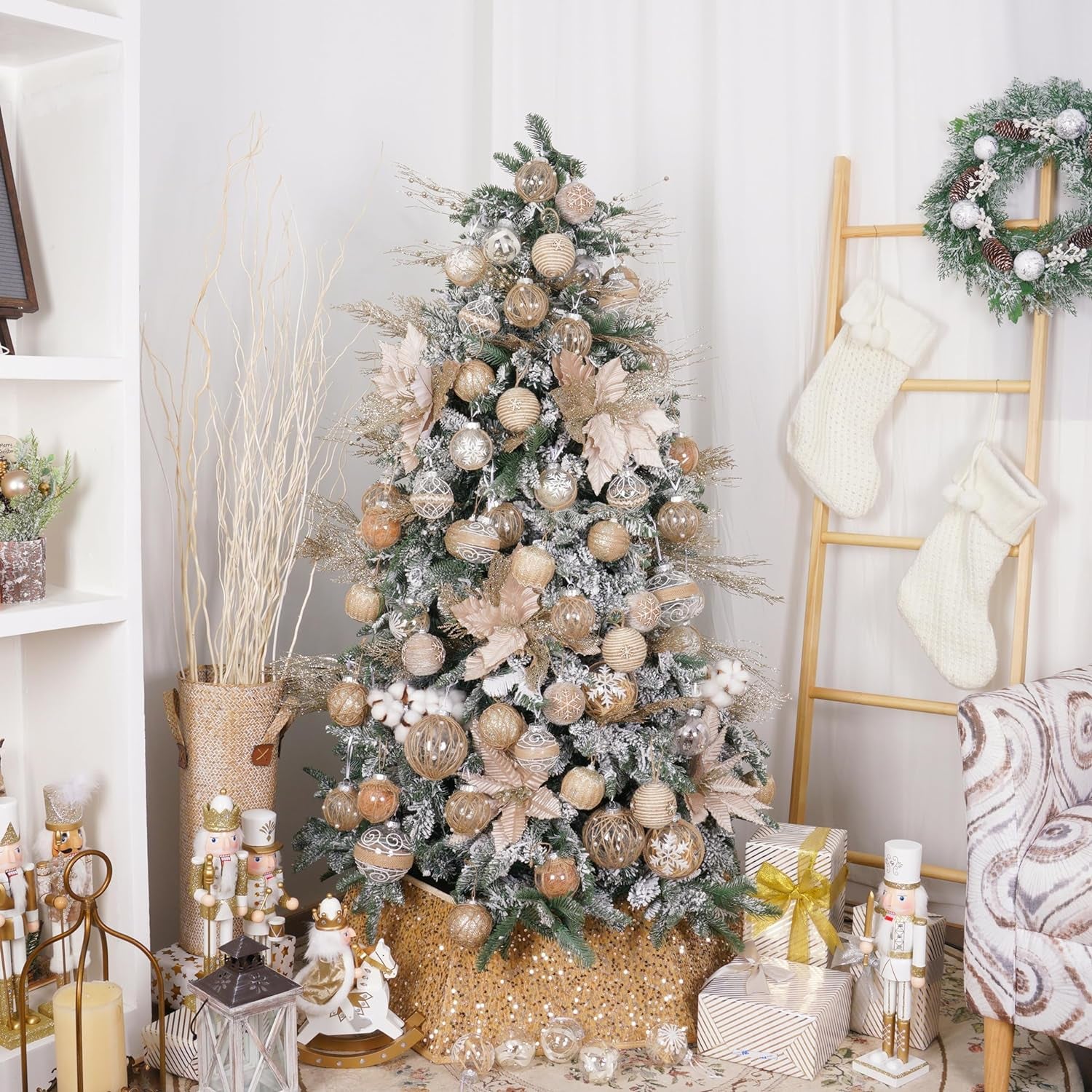 Christmas Ball Ornaments Set, Farmhouse Rustic Christmastree Decorations,12Ct Large Shatterproof Plastic Hanging Ornaments, 70Mm/2.76", Beige