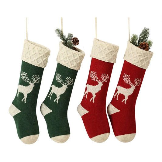 4 Pack Christmas Stockings,Big Size 18 Inch Extra Long Hand Knitted Reindeer Snowflakes Xmas Character for Family Holiday Season Decor Burgundy Red and Green