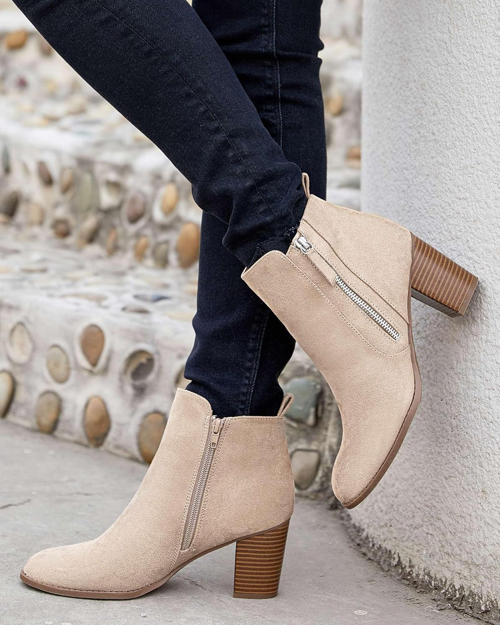 Ankle Boots for Women Chunky Block Heel Side Zipper Pointd Toe Suede Fall Winter Bootie Shoes
