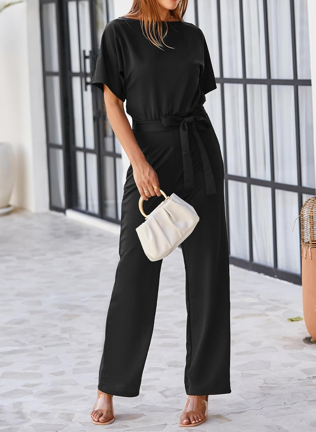 Womens Loose Short Sleeve Belted Wide Leg Pant Romper Jumpsuit Business Casual One Piece Outfits