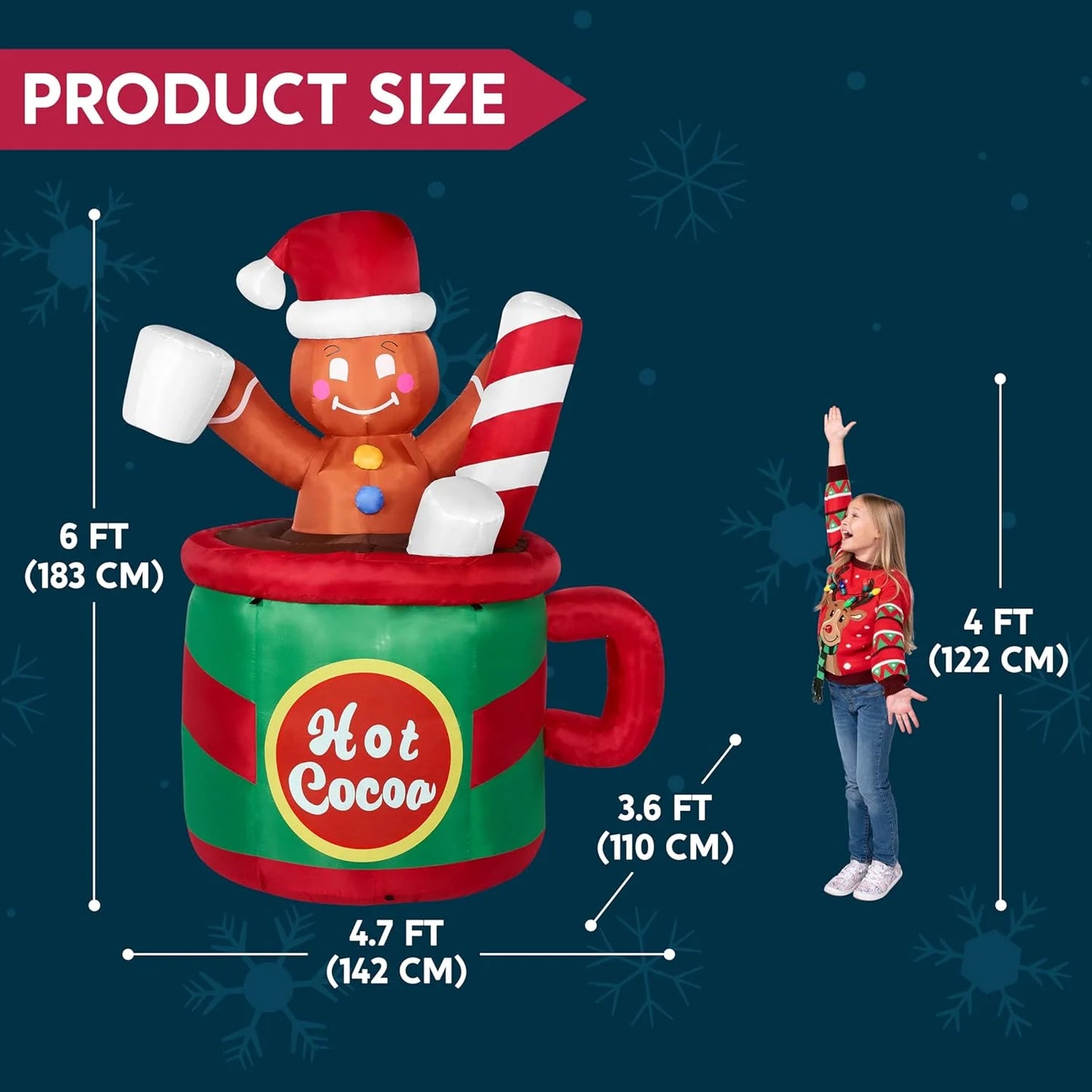 6 Ft Christmas Inflatables Gingerbread Outdoor Decorations,Gingerbread Man in Hot Cocoa Mug Blow Ups with Built-In Leds for Holiday Party Garden Lawn Yard Decor