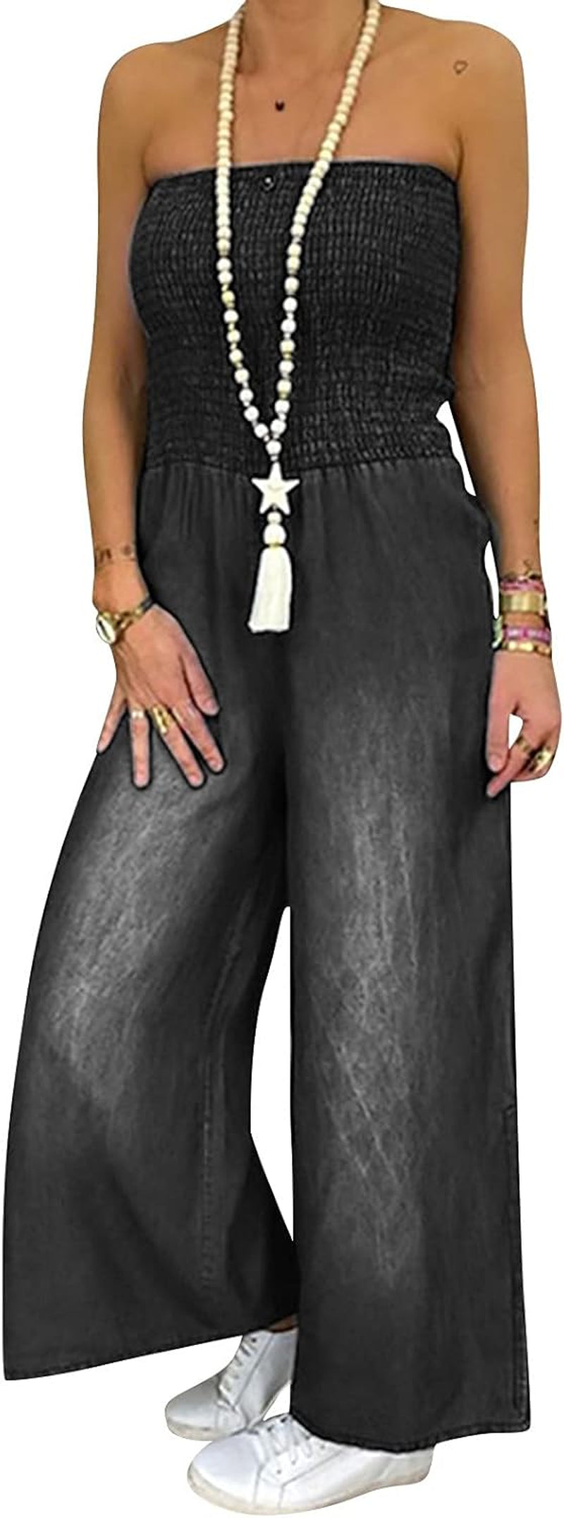 Linen Jumpsuits for Women Flowy Jumpsuits for Women Spaghetti Strap Jumpsuit Long Rompers Women plus Size Overalls off Shoulder Denim Faux Romper Baggy Playsuit Jumpsuit Black_A Large