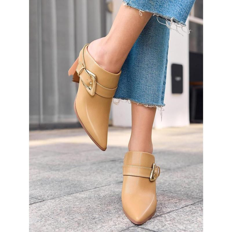 Fashare Womens Mules Boots Chunky Stacked Heel Pointed Toe Booties Slip on Dress Boot Shoes with Buckle Decoration