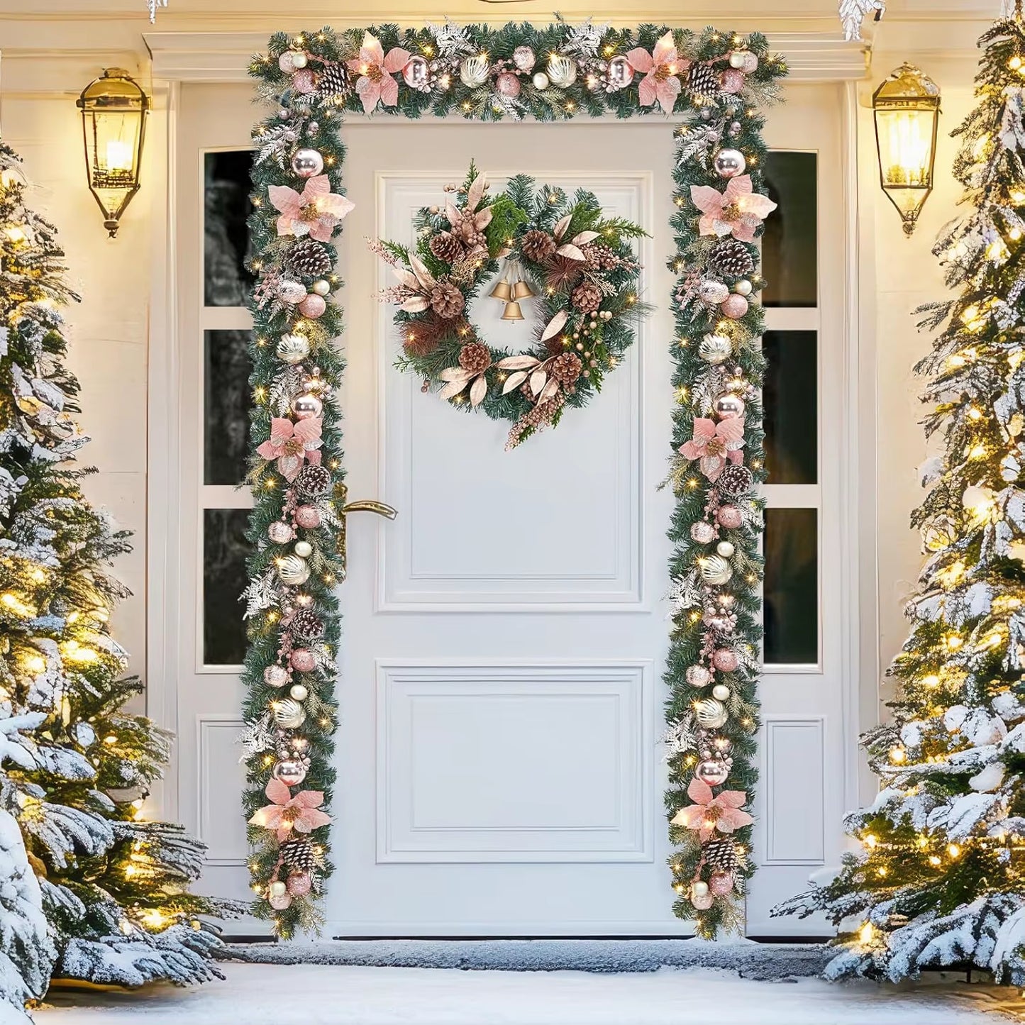 Christmas Garland with Lights, 6Ft Pre Lit Outdoor Xmas Garland with Timer 20 LED Lights Pinecones Rose Gold Ball Ornaments