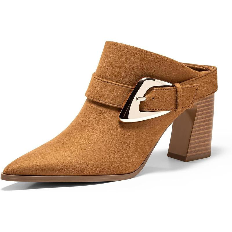 Fashare Womens Mules Boots Chunky Stacked Heel Pointed Toe Booties Slip on Dress Boot Shoes with Buckle Decoration