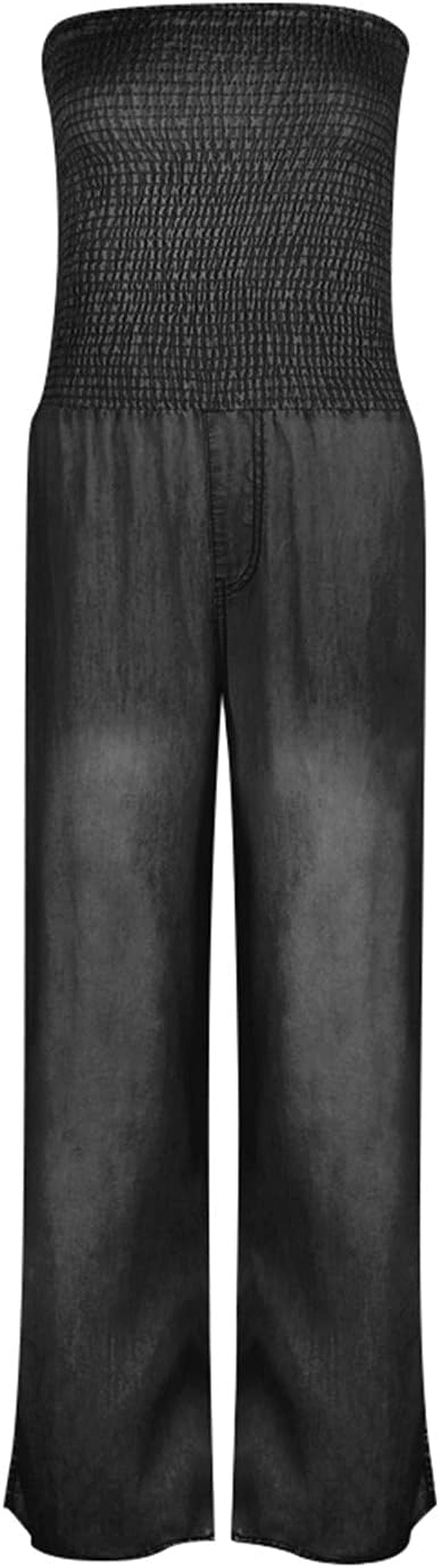 Linen Jumpsuits for Women Flowy Jumpsuits for Women Spaghetti Strap Jumpsuit Long Rompers Women plus Size Overalls off Shoulder Denim Faux Romper Baggy Playsuit Jumpsuit Black_A Large
