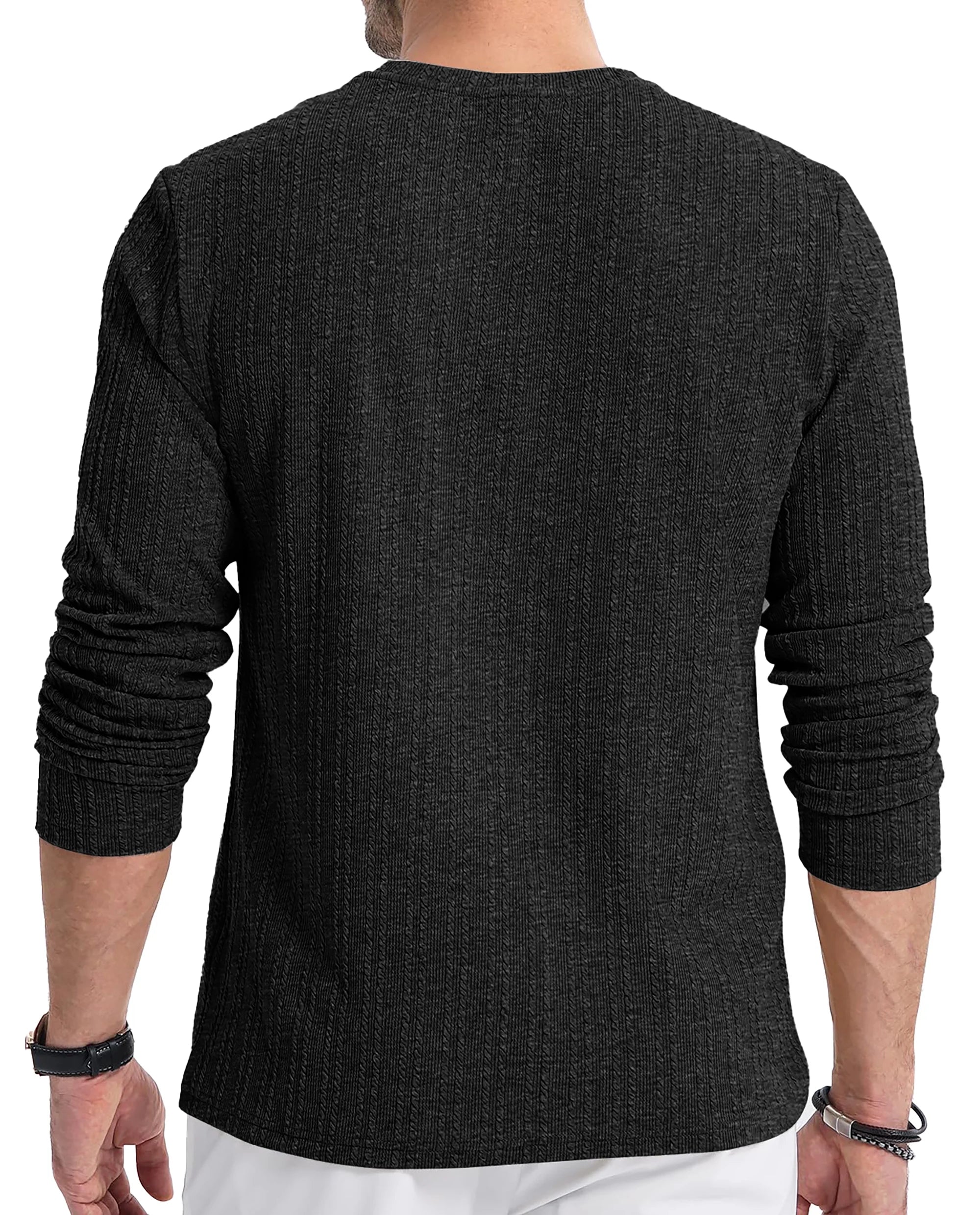 Mens Long Sleeve Shirts Crewneck Casual Tops Pullover Work Shirts Stretch Textured Knit T-Shirts with Pocket