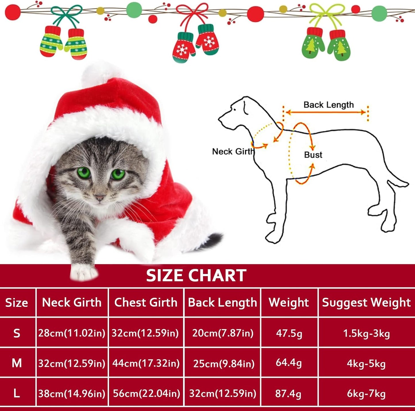 Cat Dog Christmas Costumes, Santa Cloak Cape with Hat Pet Cosplay Costumes Party Dressing up Outfits Clothes Apparel for Small Dogs Puppy Kitten, L
