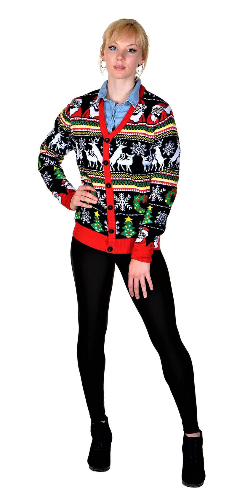 Socal Look Men'S Ugly Christmas Sweaters Cardigan Deer Santa Black