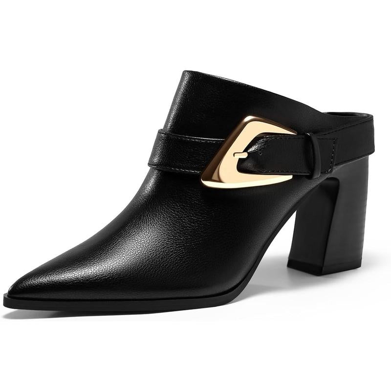 Fashare Womens Mules Boots Chunky Stacked Heel Pointed Toe Booties Slip on Dress Boot Shoes with Buckle Decoration