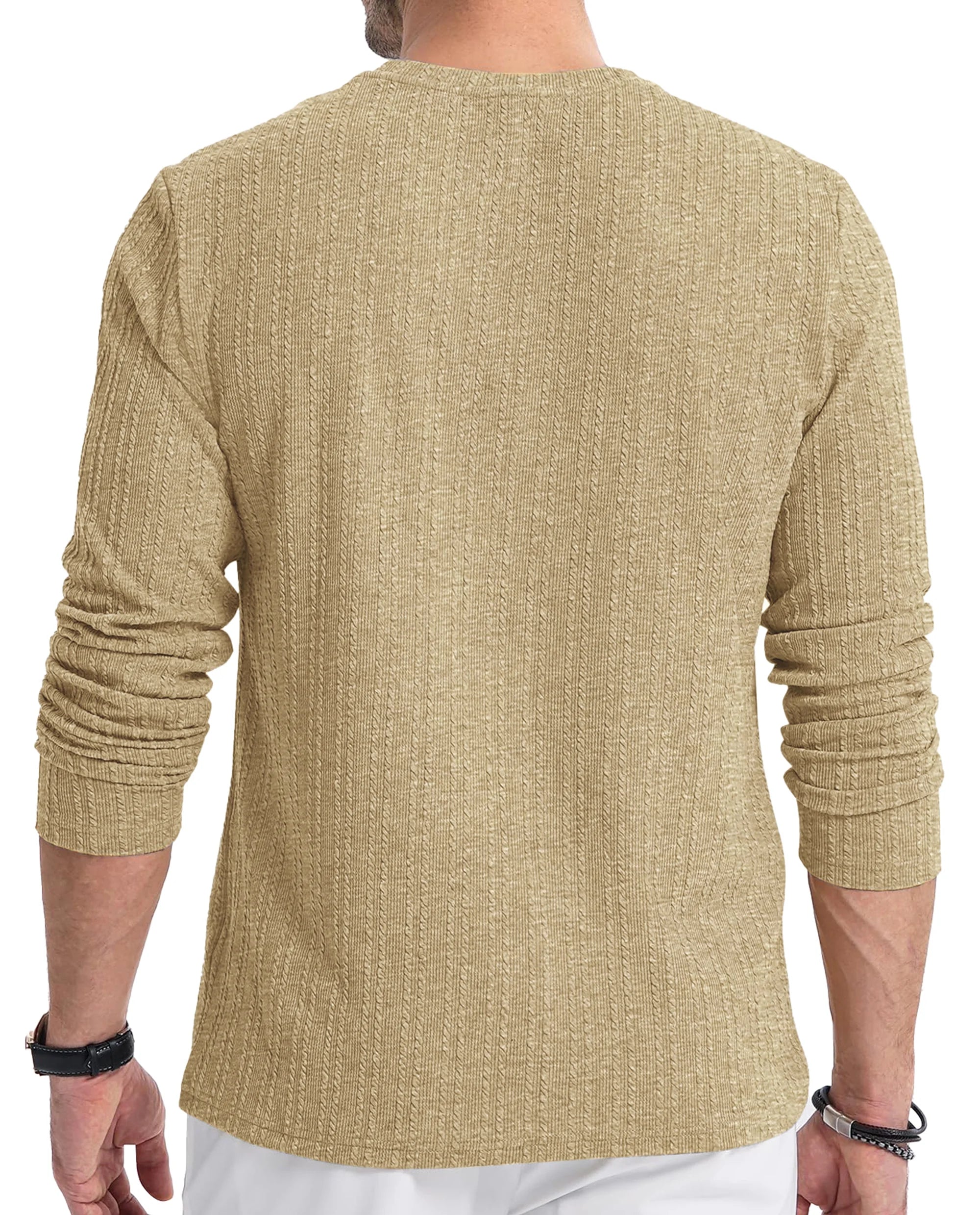 Mens Long Sleeve Shirts Crewneck Casual Tops Pullover Work Shirts Stretch Textured Knit T-Shirts with Pocket