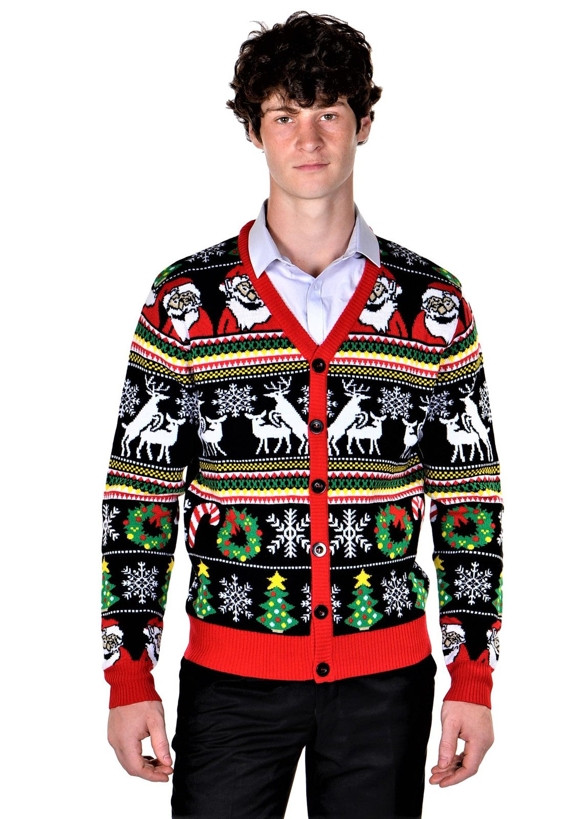 Socal Look Men'S Ugly Christmas Sweaters Cardigan Deer Santa Black