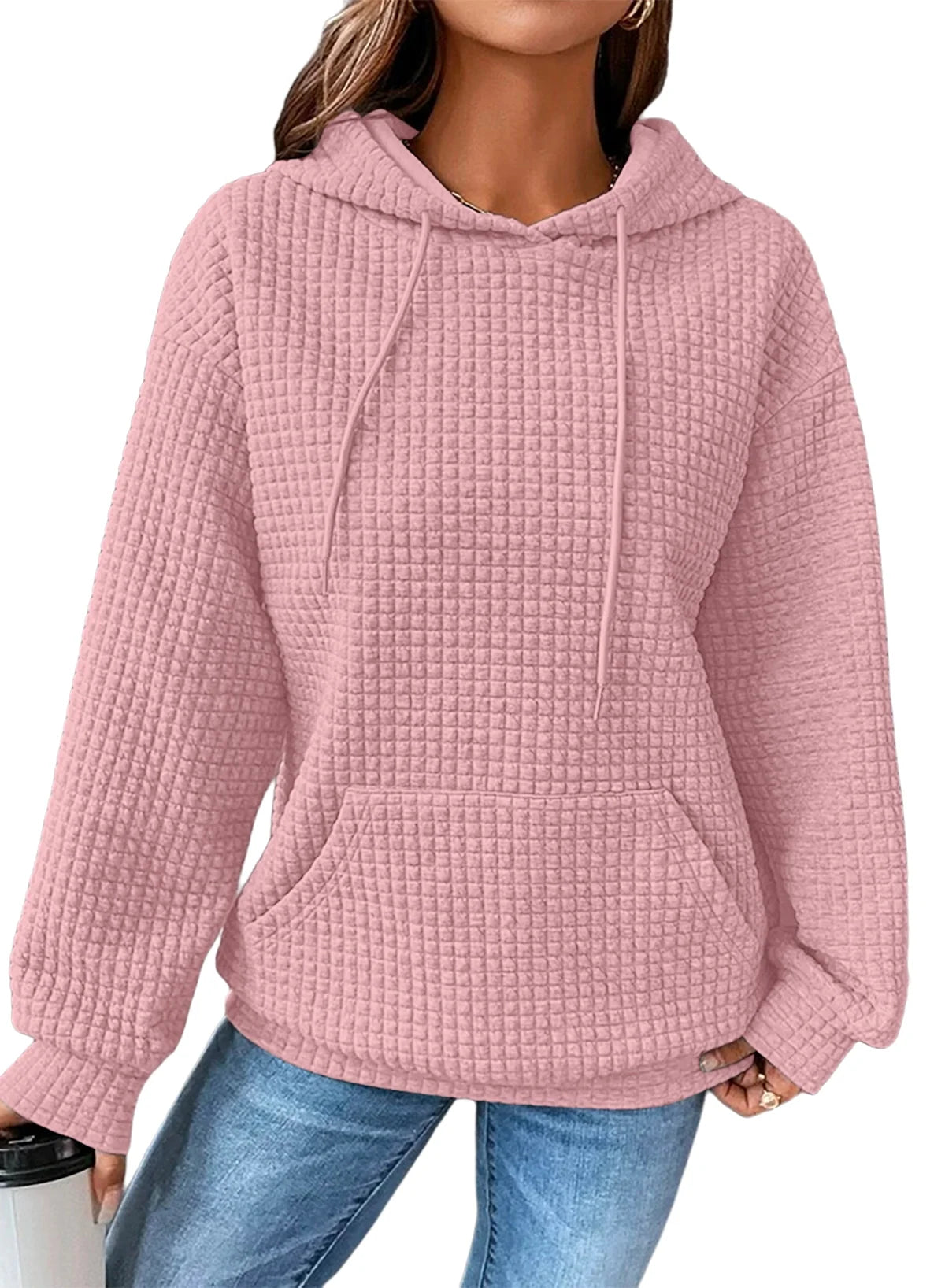 Hoodies for Women Fall Sweatshirts for Women Drawstring Long Sleeve Hoodies Pullover Knit Top with Pocket Pink M