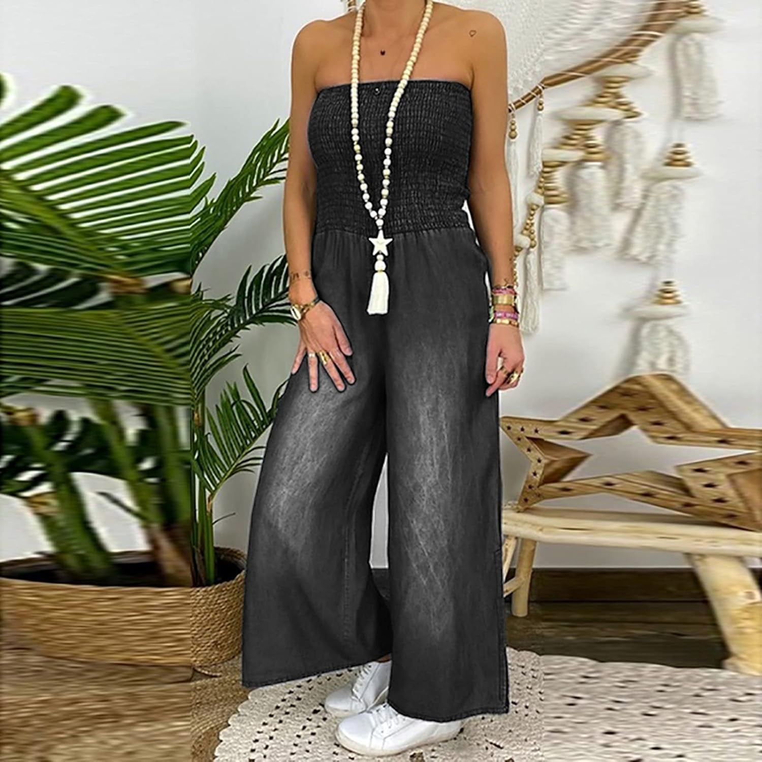 Linen Jumpsuits for Women Flowy Jumpsuits for Women Spaghetti Strap Jumpsuit Long Rompers Women plus Size Overalls off Shoulder Denim Faux Romper Baggy Playsuit Jumpsuit Black_A Large