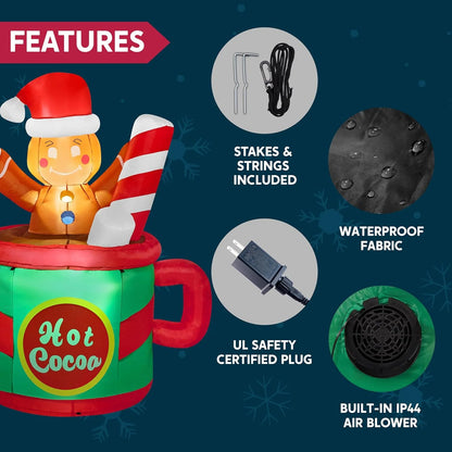 6 Ft Christmas Inflatables Gingerbread Outdoor Decorations,Gingerbread Man in Hot Cocoa Mug Blow Ups with Built-In Leds for Holiday Party Garden Lawn Yard Decor