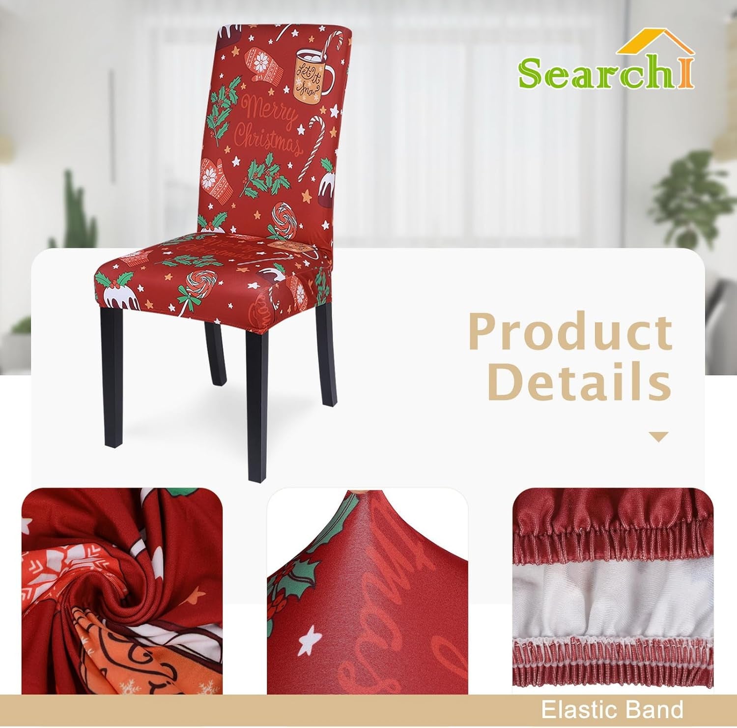 Christmas Dining Room Chair Covers Set of 6, Stretch Xmas Chair Slipcovers Protector, Spandex Washable Kitchen Parsons Chair Cover for Dining Room,Christmas Decor,Holiday Party(Christmas Red)