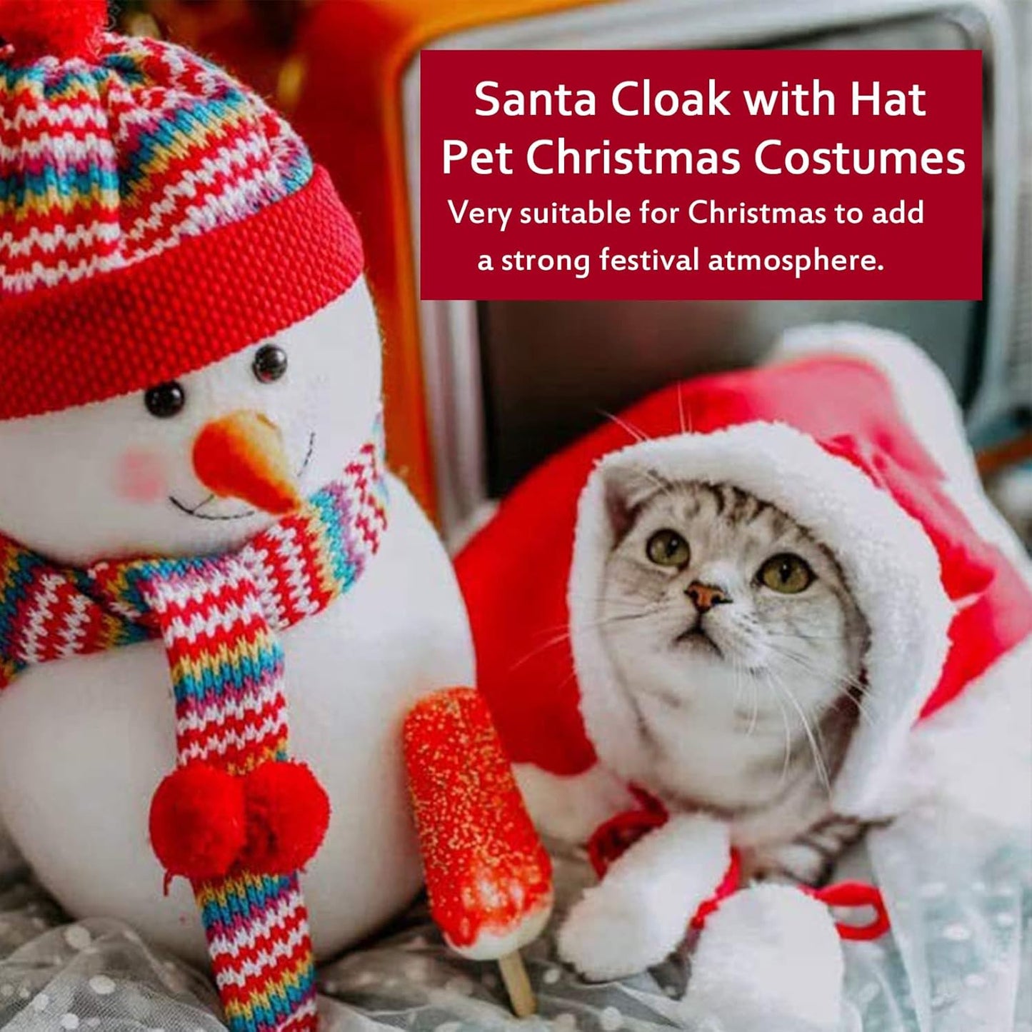 Cat Dog Christmas Costumes, Santa Cloak Cape with Hat Pet Cosplay Costumes Party Dressing up Outfits Clothes Apparel for Small Dogs Puppy Kitten, L