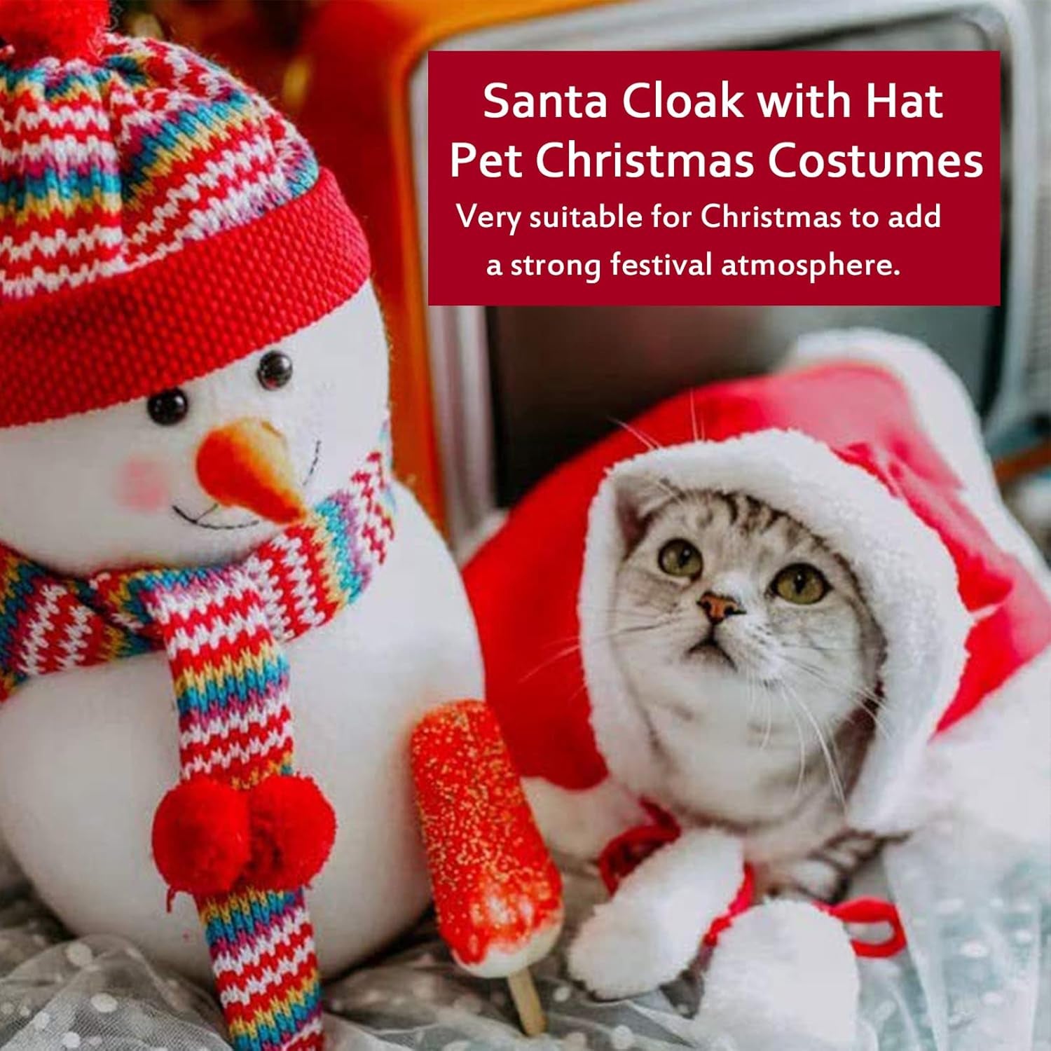 Cat Dog Christmas Costumes, Santa Cloak Cape with Hat Pet Cosplay Costumes Party Dressing up Outfits Clothes Apparel for Small Dogs Puppy Kitten, L