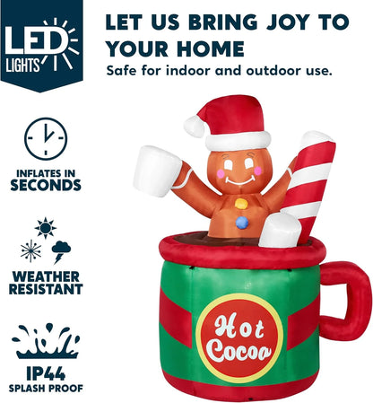 6 Ft Christmas Inflatables Gingerbread Outdoor Decorations,Gingerbread Man in Hot Cocoa Mug Blow Ups with Built-In Leds for Holiday Party Garden Lawn Yard Decor