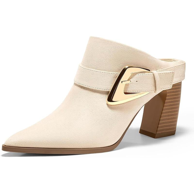Fashare Womens Mules Boots Chunky Stacked Heel Pointed Toe Booties Slip on Dress Boot Shoes with Buckle Decoration