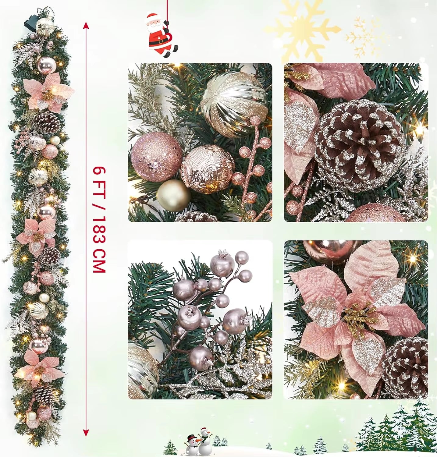 Christmas Garland with Lights, 6Ft Pre Lit Outdoor Xmas Garland with Timer 20 LED Lights Pinecones Rose Gold Ball Ornaments