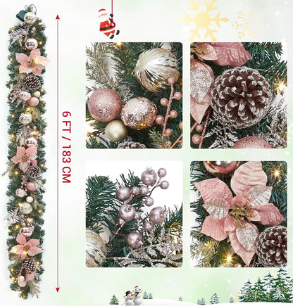 Christmas Garland with Lights, 6Ft Pre Lit Outdoor Xmas Garland with Timer 20 LED Lights Pinecones Rose Gold Ball Ornaments