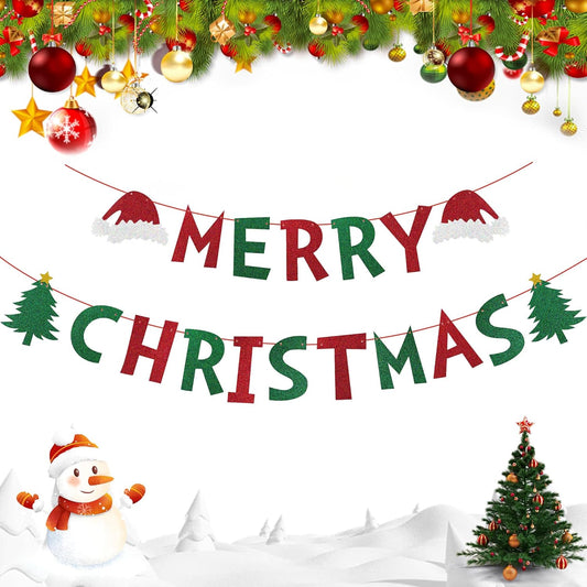 Merry Christmas Banner, Glitter Christmas Banners for Fireplace, Christmas Decorations Indoor Wall Decor, Home Farmhouse Hanging Christmas Decor