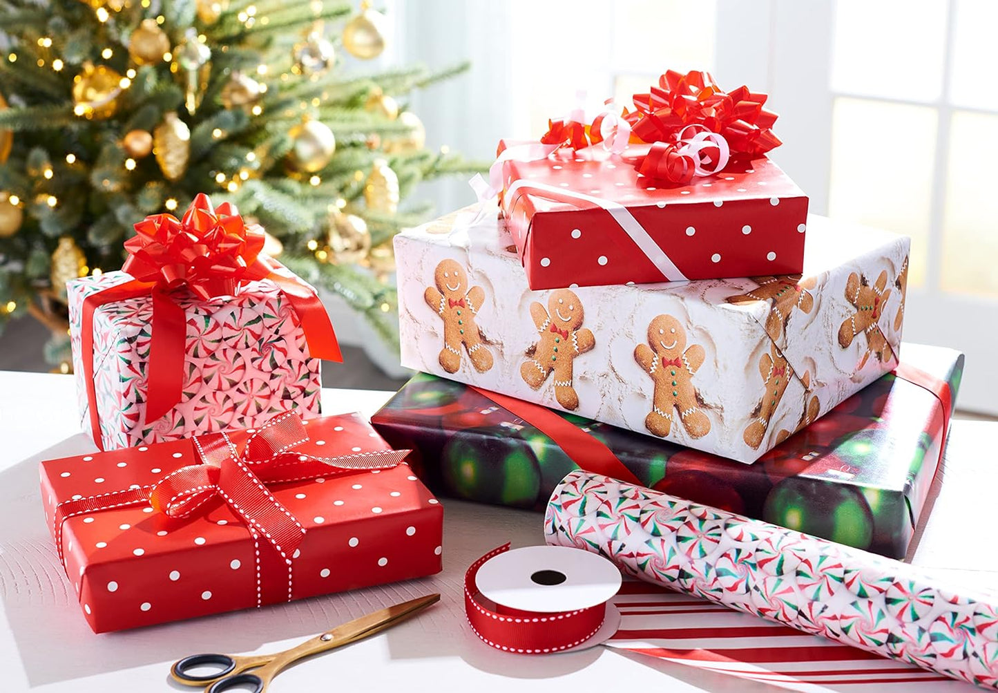 120 Sq. Ft. Vintage Christmas Wrapping Paper Bundle, Gingerbread, Ornaments, Peppermints (3 Extra Wide Rolls 40 In. X 12 Ft.)