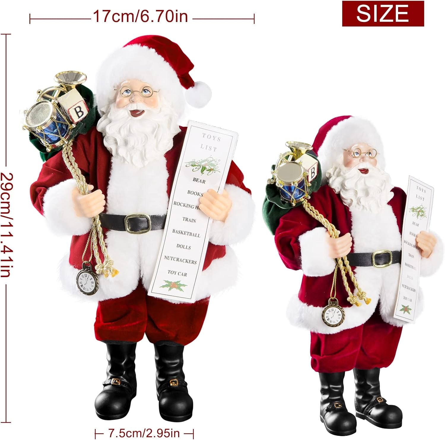 11" Santa Claus Decorations with Glasses Blessing Letter and Gifts Bag, Christmas Standing Figurine Ornaments for New Year Christmas Decoration Navidad Natal Gifts.