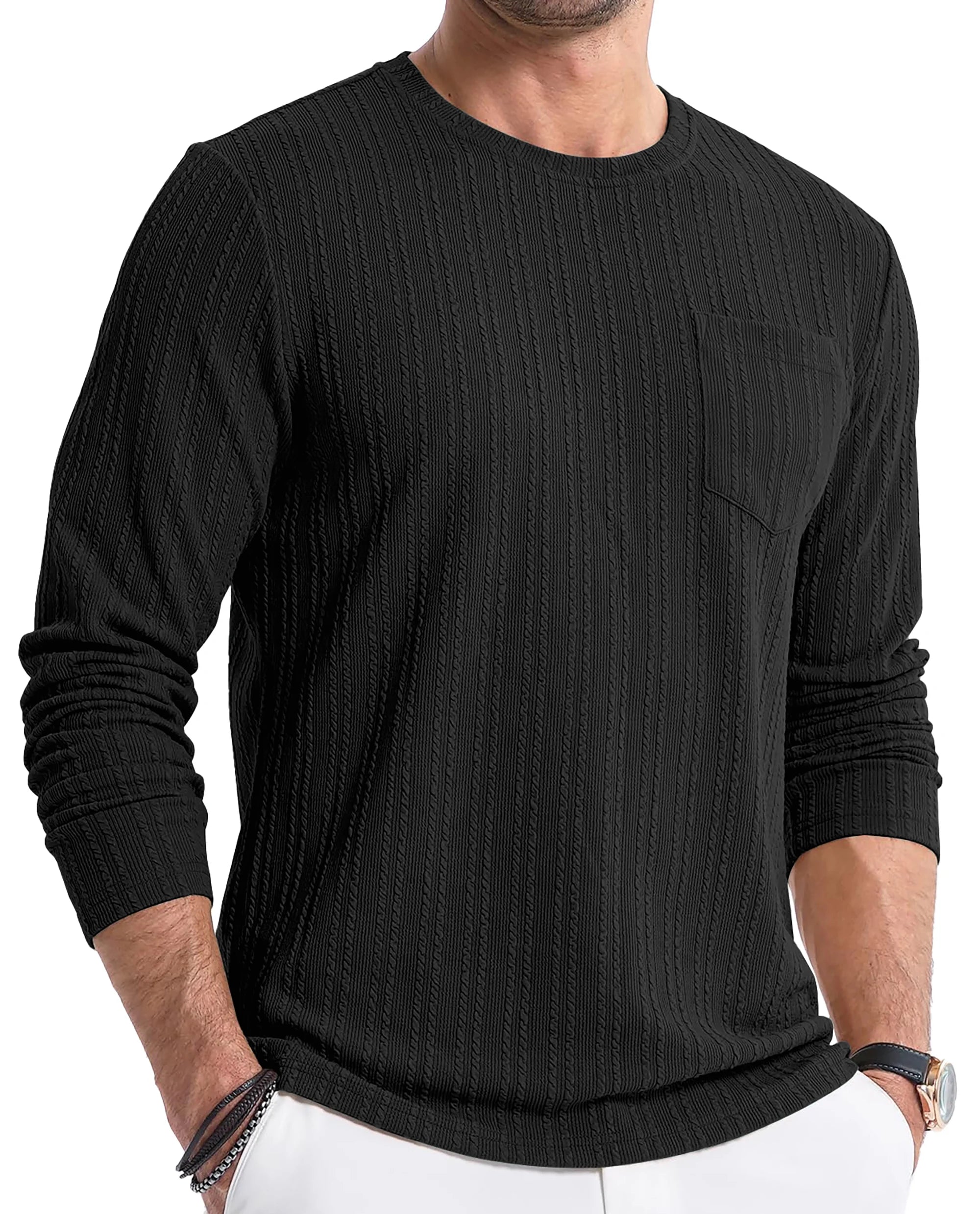 Mens Long Sleeve Shirts Crewneck Casual Tops Pullover Work Shirts Stretch Textured Knit T-Shirts with Pocket