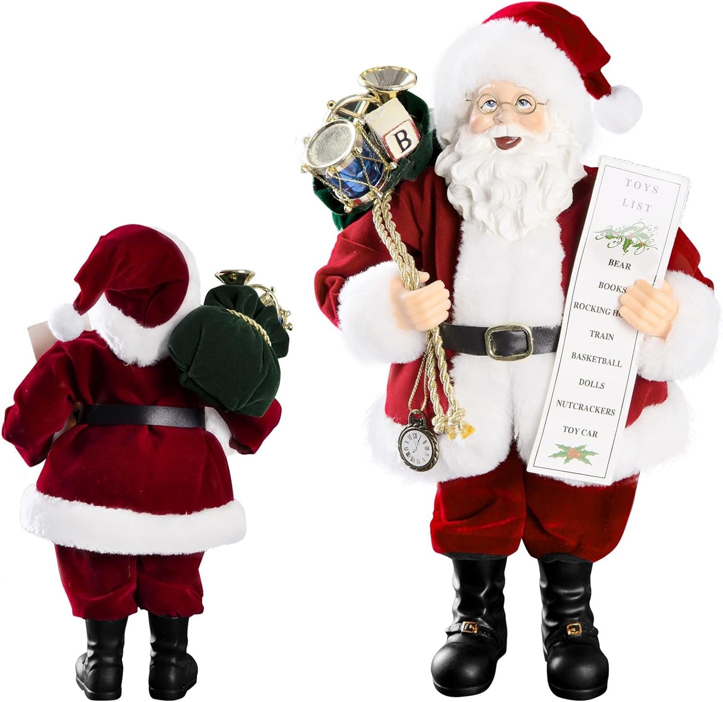 11" Santa Claus Decorations with Glasses Blessing Letter and Gifts Bag, Christmas Standing Figurine Ornaments for New Year Christmas Decoration Navidad Natal Gifts.