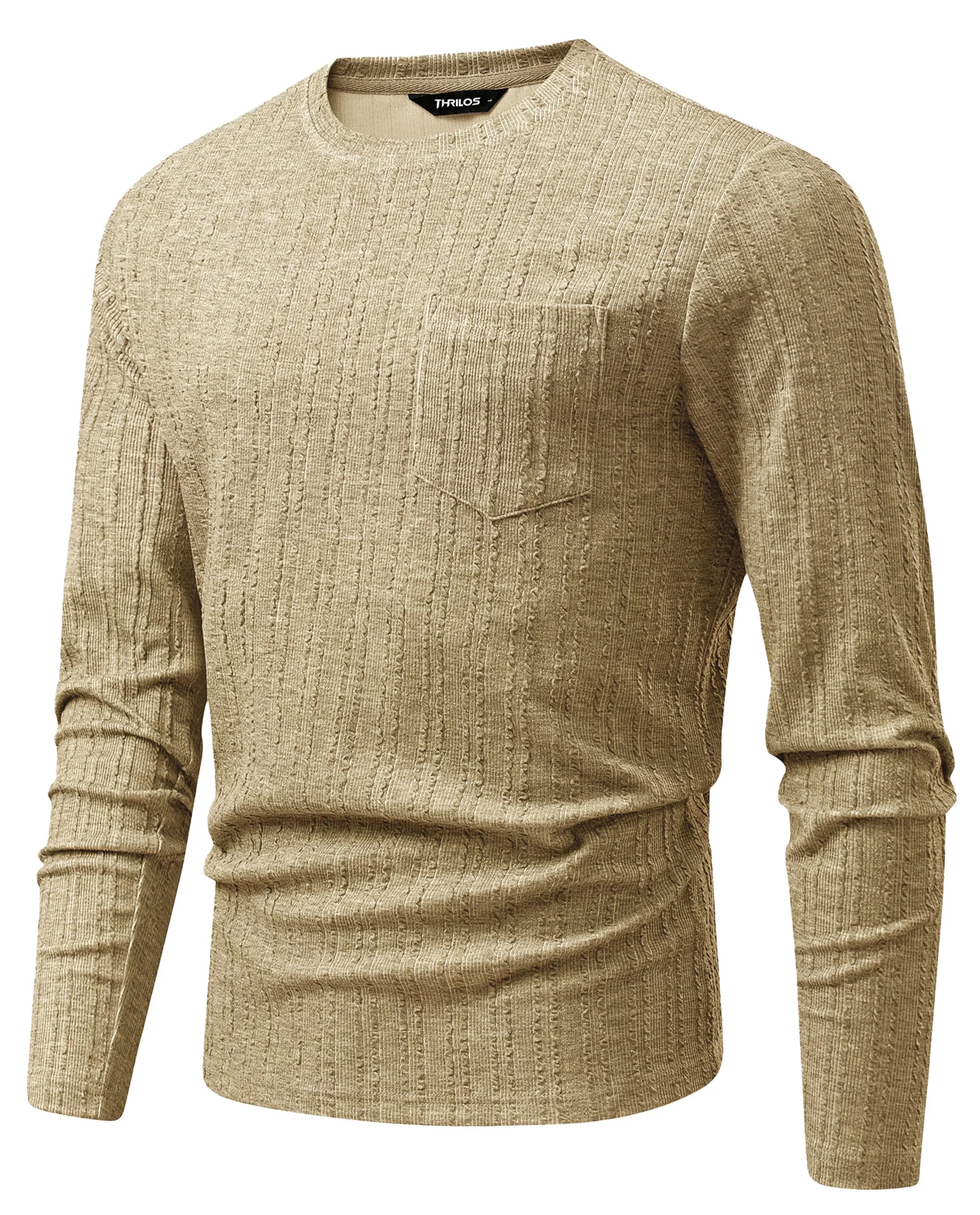 Mens Long Sleeve Shirts Crewneck Casual Tops Pullover Work Shirts Stretch Textured Knit T-Shirts with Pocket