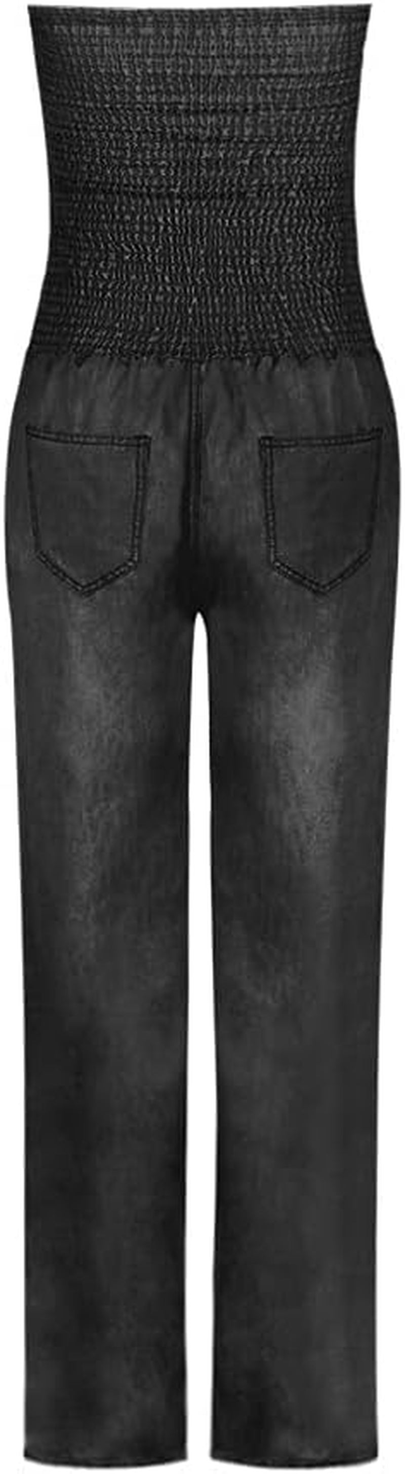 Linen Jumpsuits for Women Flowy Jumpsuits for Women Spaghetti Strap Jumpsuit Long Rompers Women plus Size Overalls off Shoulder Denim Faux Romper Baggy Playsuit Jumpsuit Black_A Large