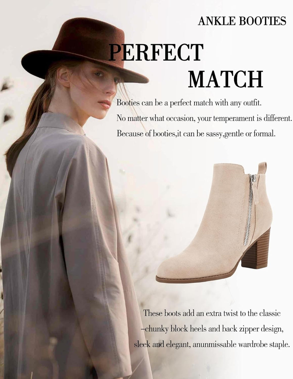 Ankle Boots for Women Chunky Block Heel Side Zipper Pointd Toe Suede Fall Winter Bootie Shoes